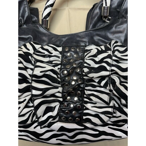 Vintage Y2K Zebra Print Ruffle Handbag Studded Hobo Bag Retro McBling Aesthetic - Picture 2 of 12